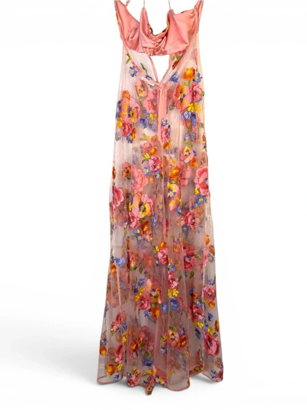 For Love & Lemons Pink Floral Maxi Dress with Multicolor Embroidery